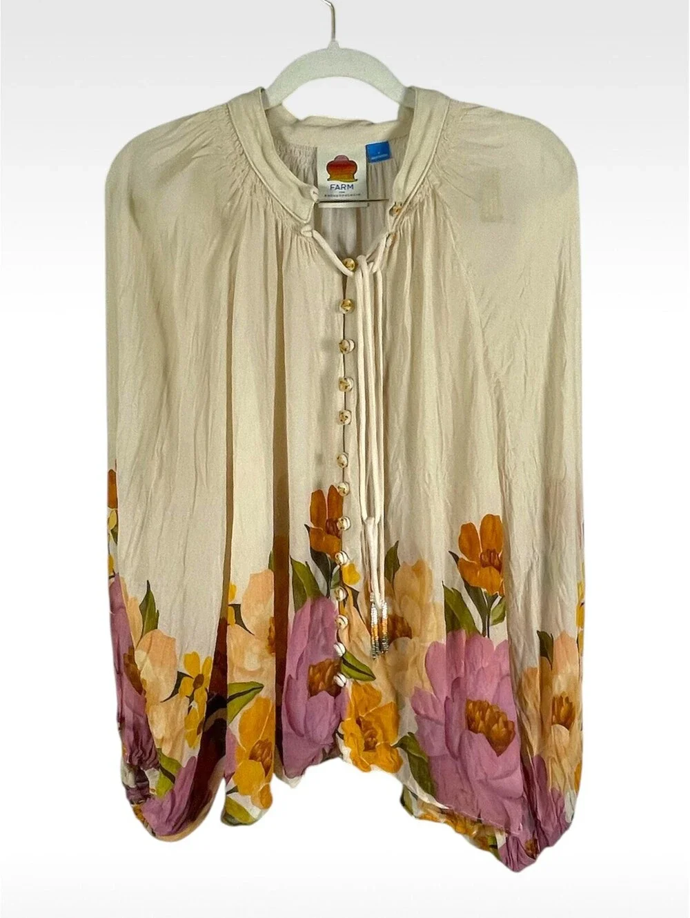 FARM Rio Anthropologie Size S Cream Floral Balloon Sleeve High-Neck Blouse Boho